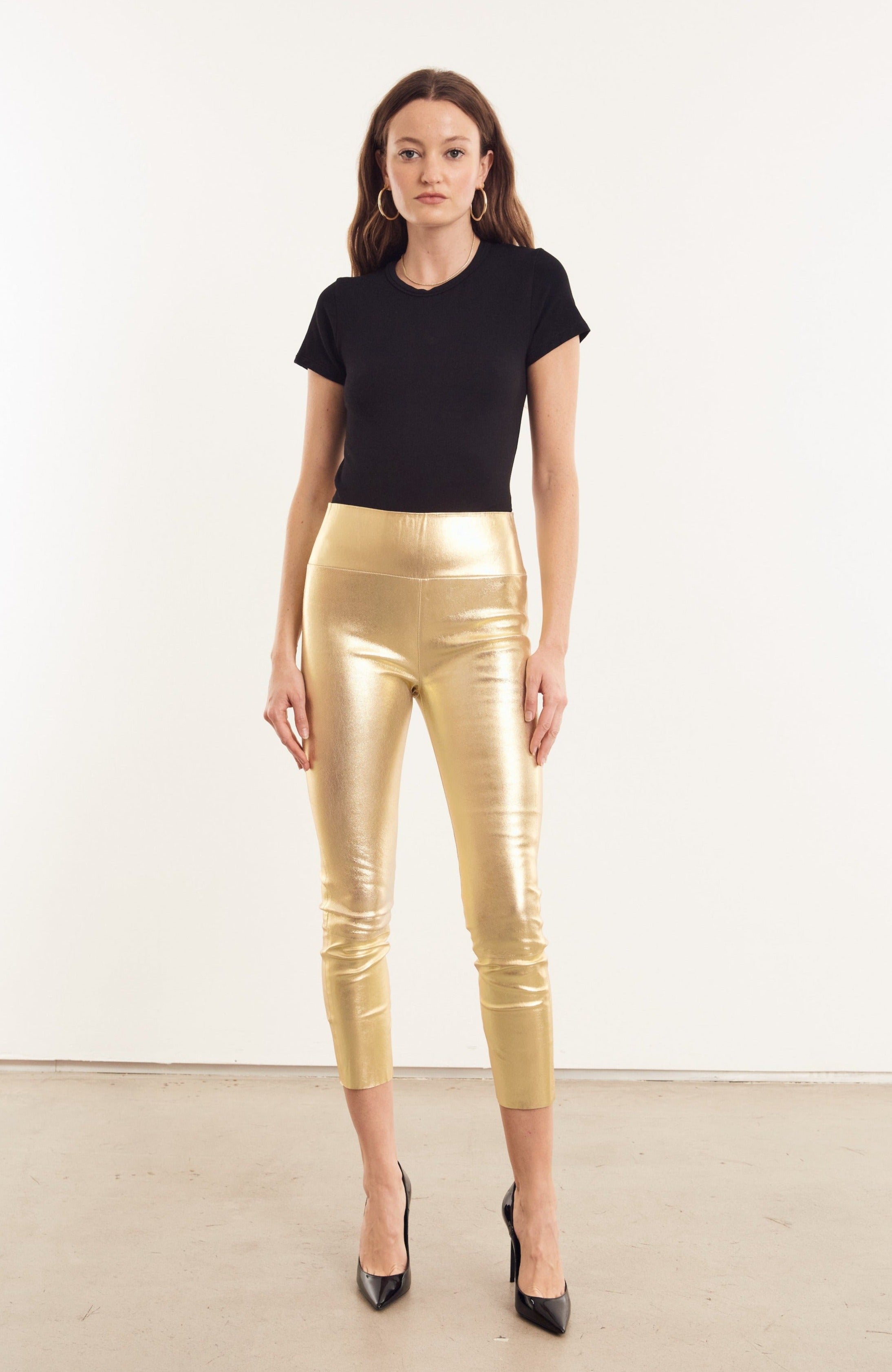 Leggings Effect - Leather Shiny Trousers Laminated Metal Gold
