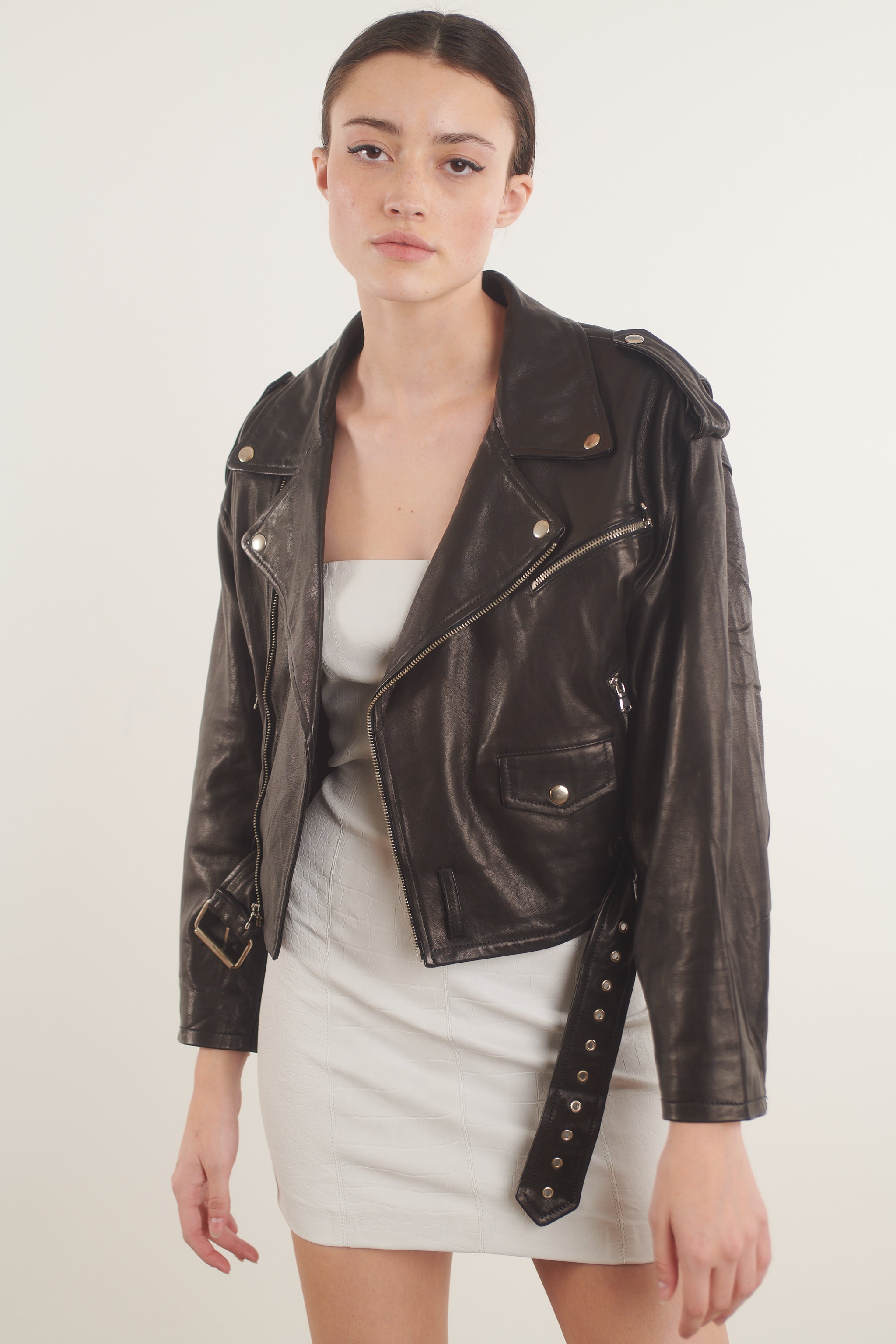 Cropped eyelet-embellished leather jacket