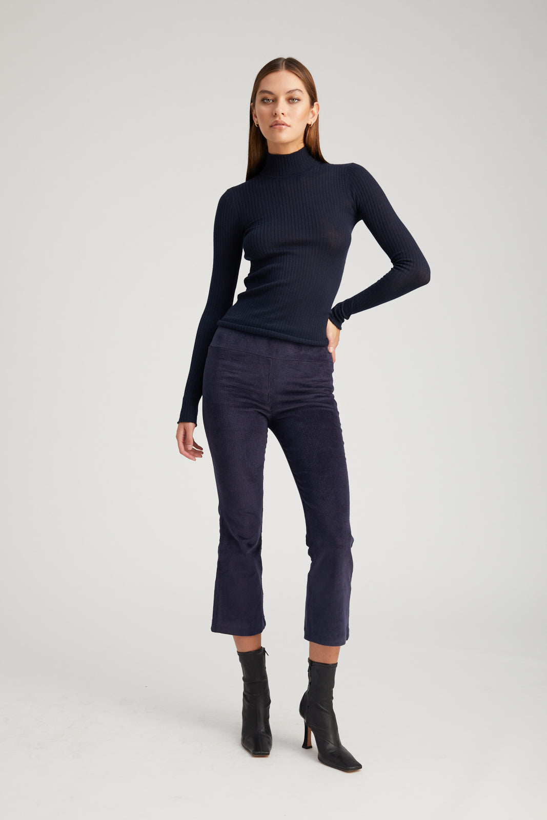 Navy Corduroy Crop Flare Pants