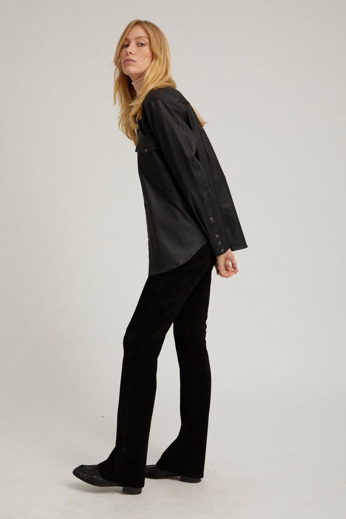 Black Suede 5 Pocket Micro Flare Pants