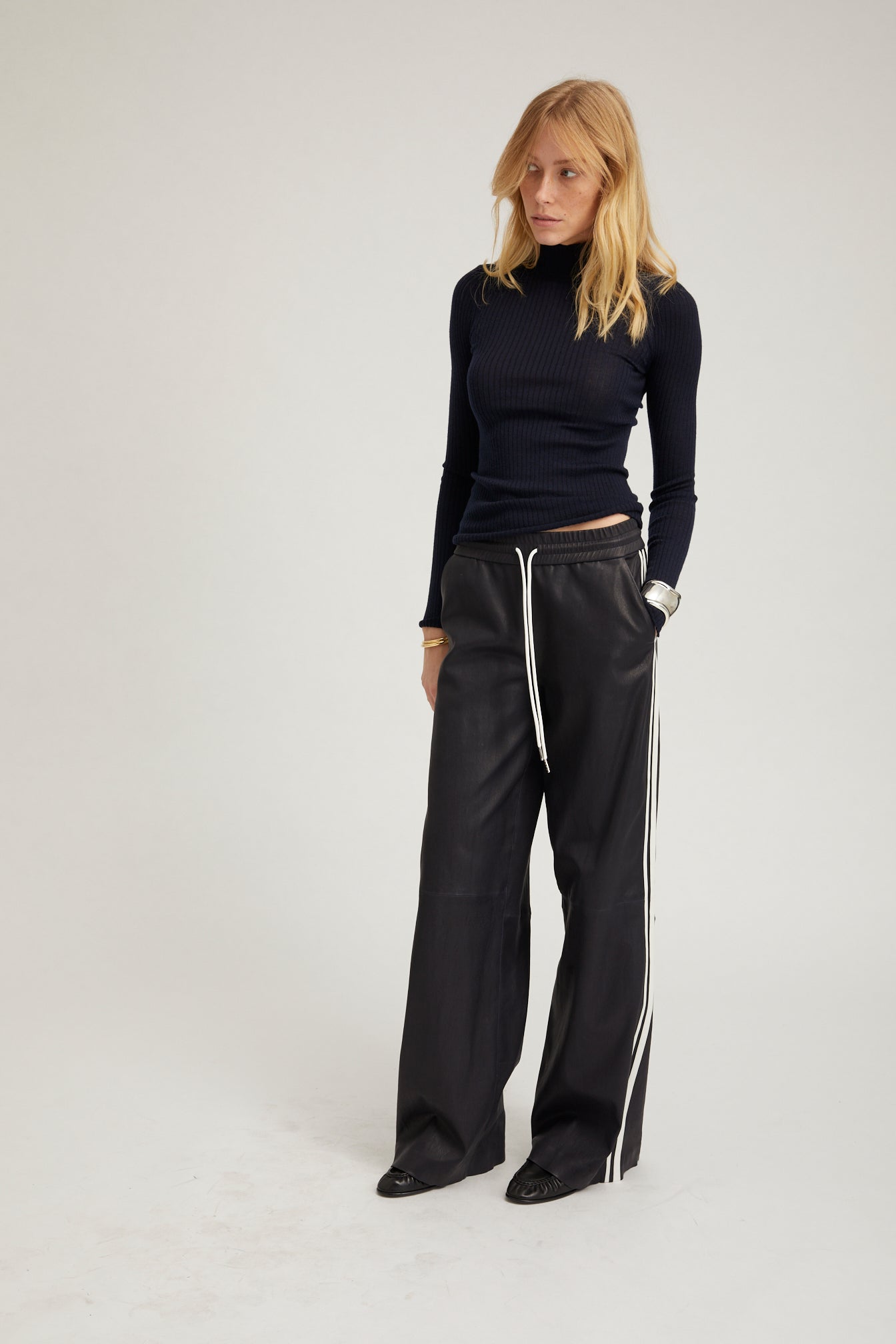 Navy Leather Baggy Athletic Pants