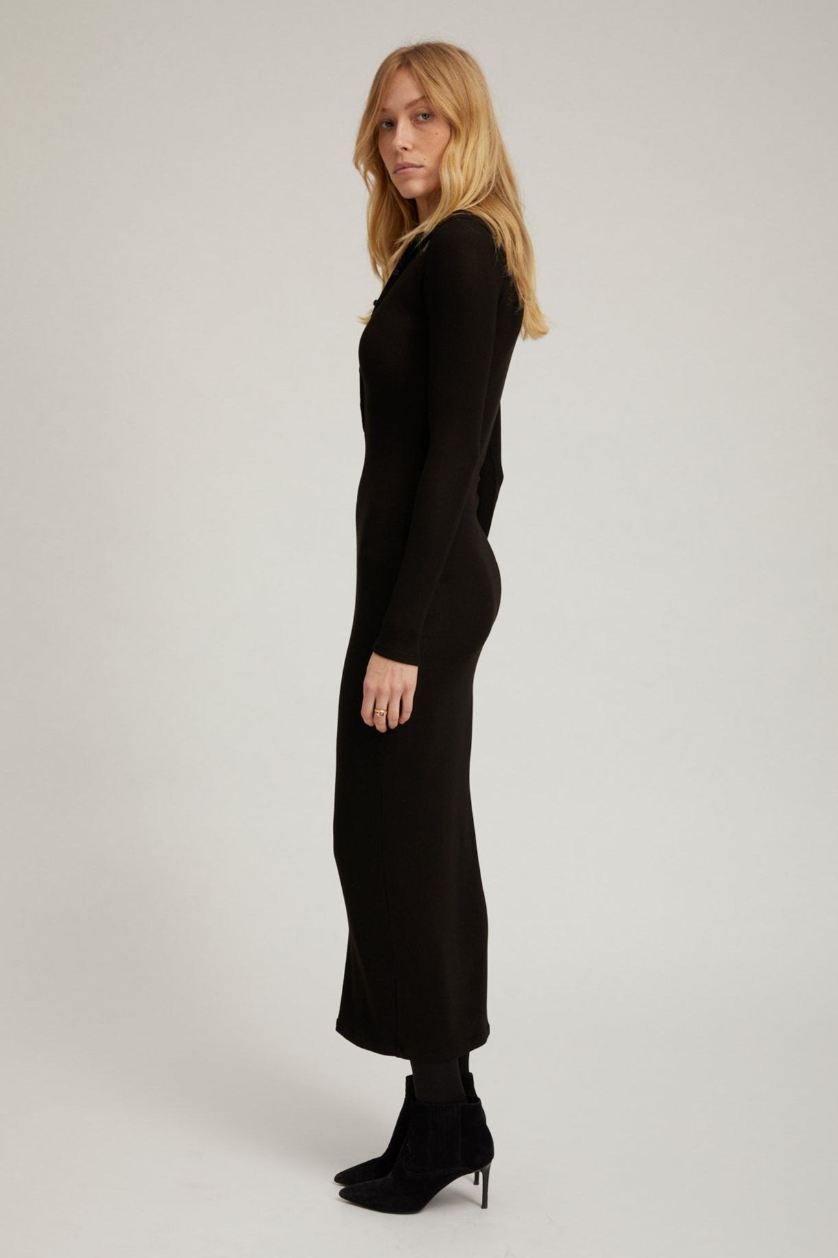 Black Rib Long Sleeve Polo Maxi Dress