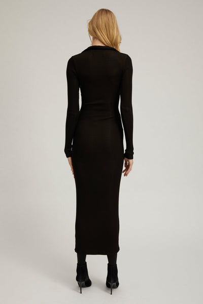 Black Rib Long Sleeve Polo Maxi Dress