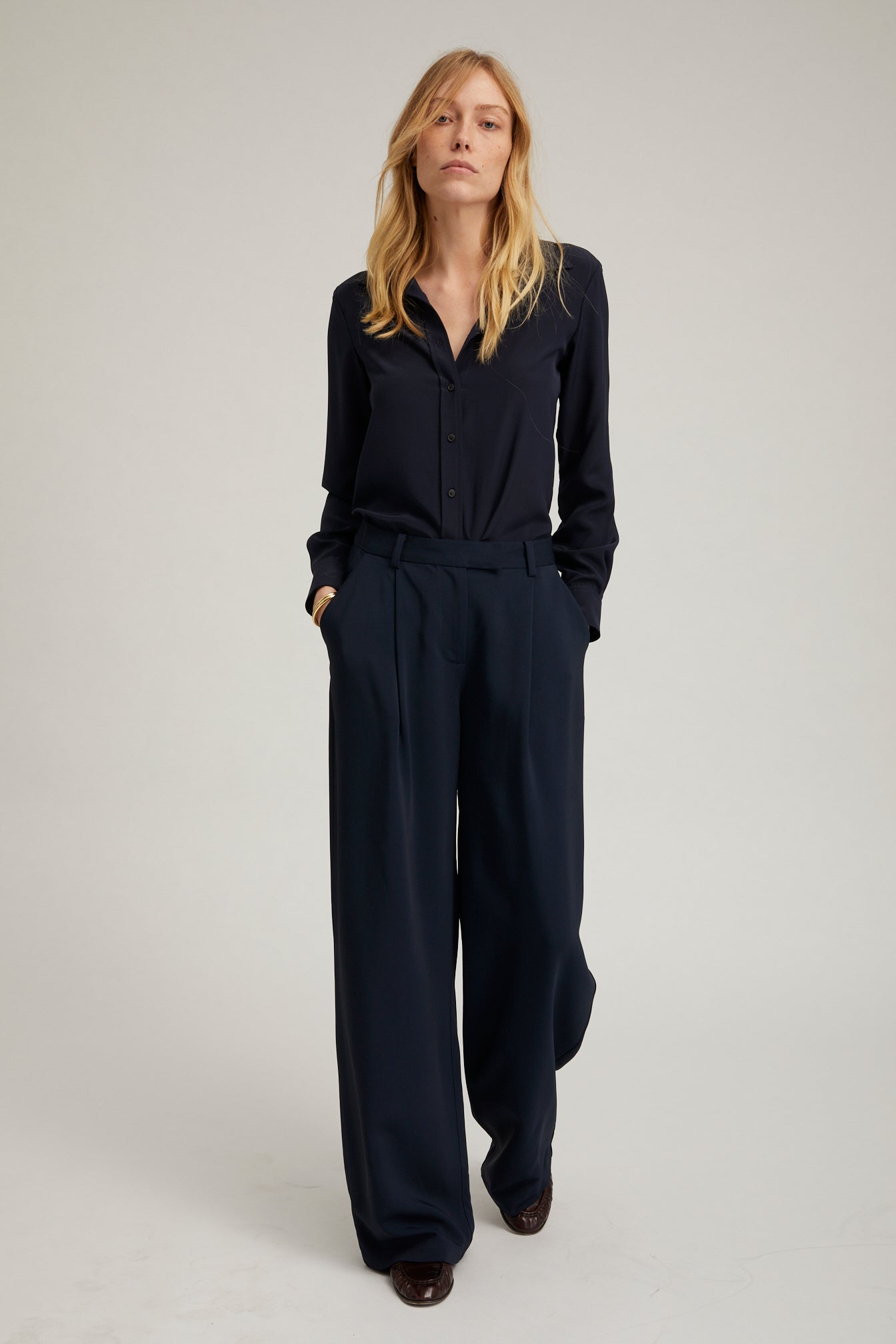 Navy Crepe Straight Leg Pleated Trousers