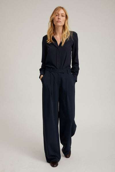 Navy Crepe Straight Leg Pleated Trousers