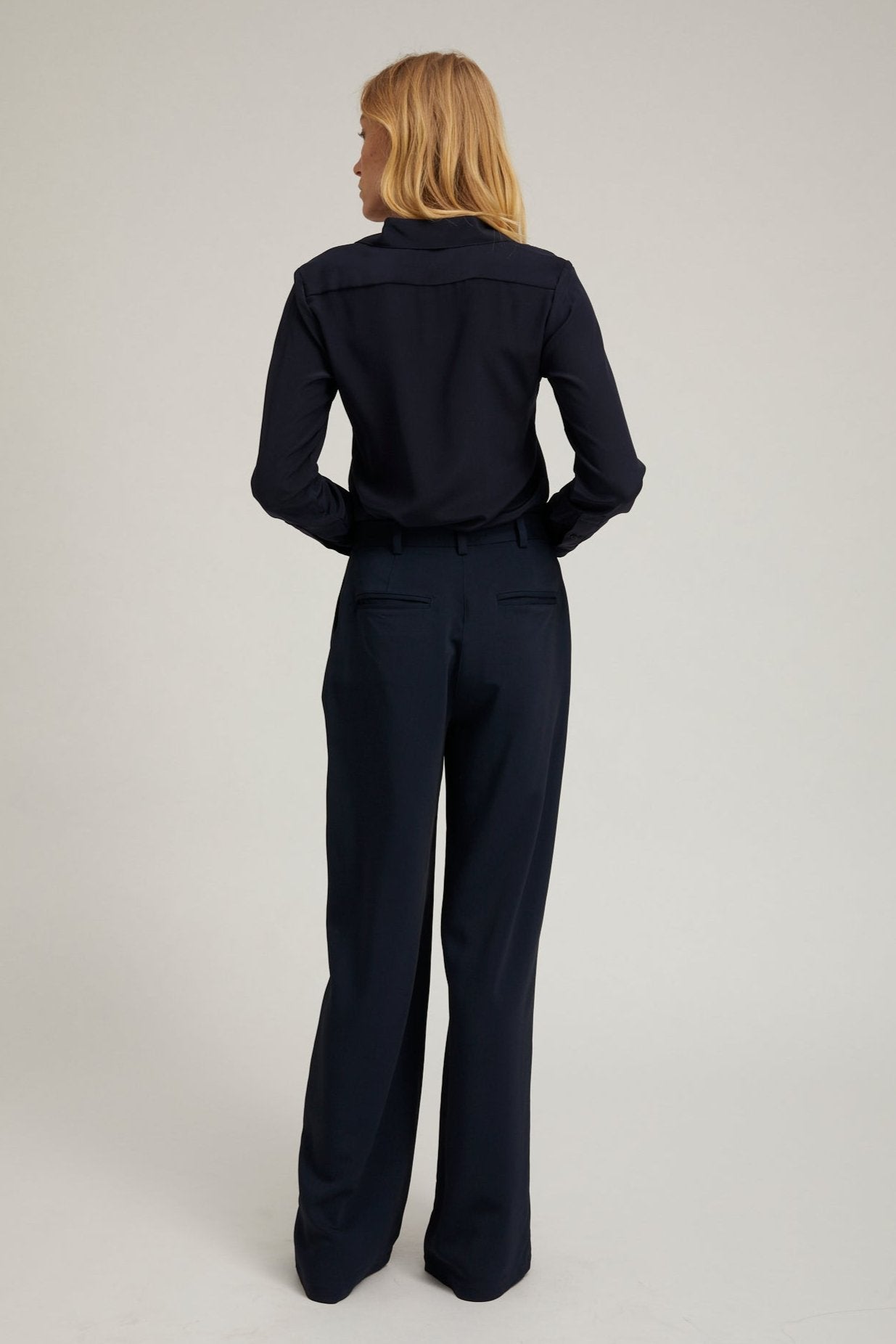 Navy Crepe Straight Leg Pleated Trousers