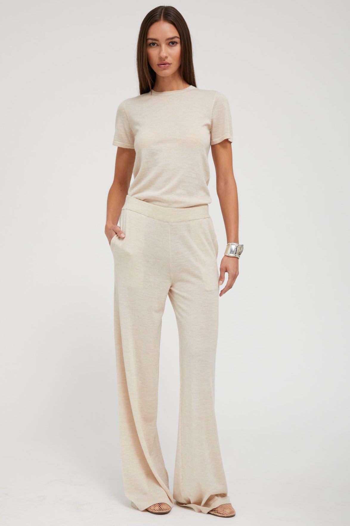 Latte Ultra Fine Cashmere Wide Leg Pants