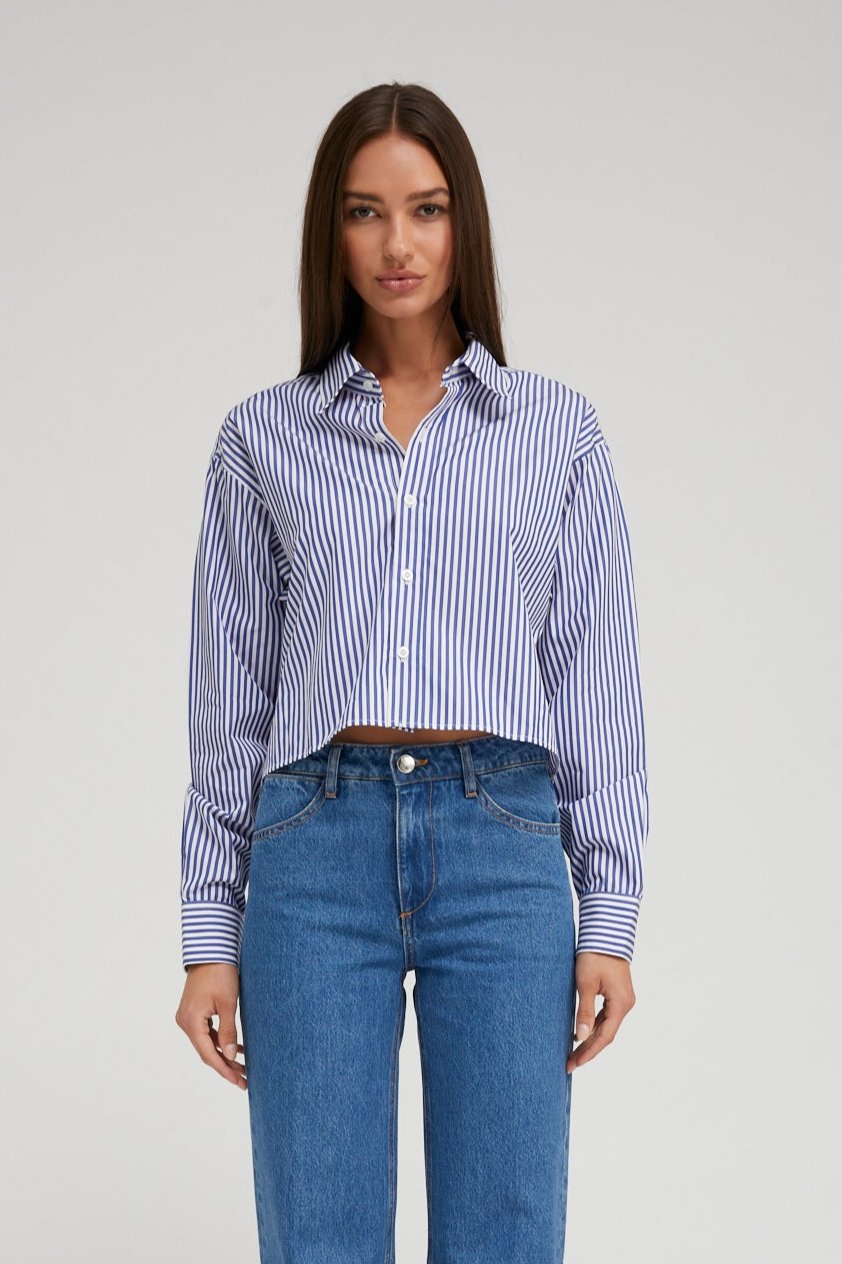 Royal Blue Striped Cropped Button Down