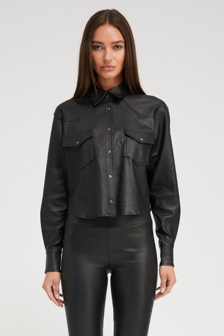 Black Leather Cropped Western Button Down