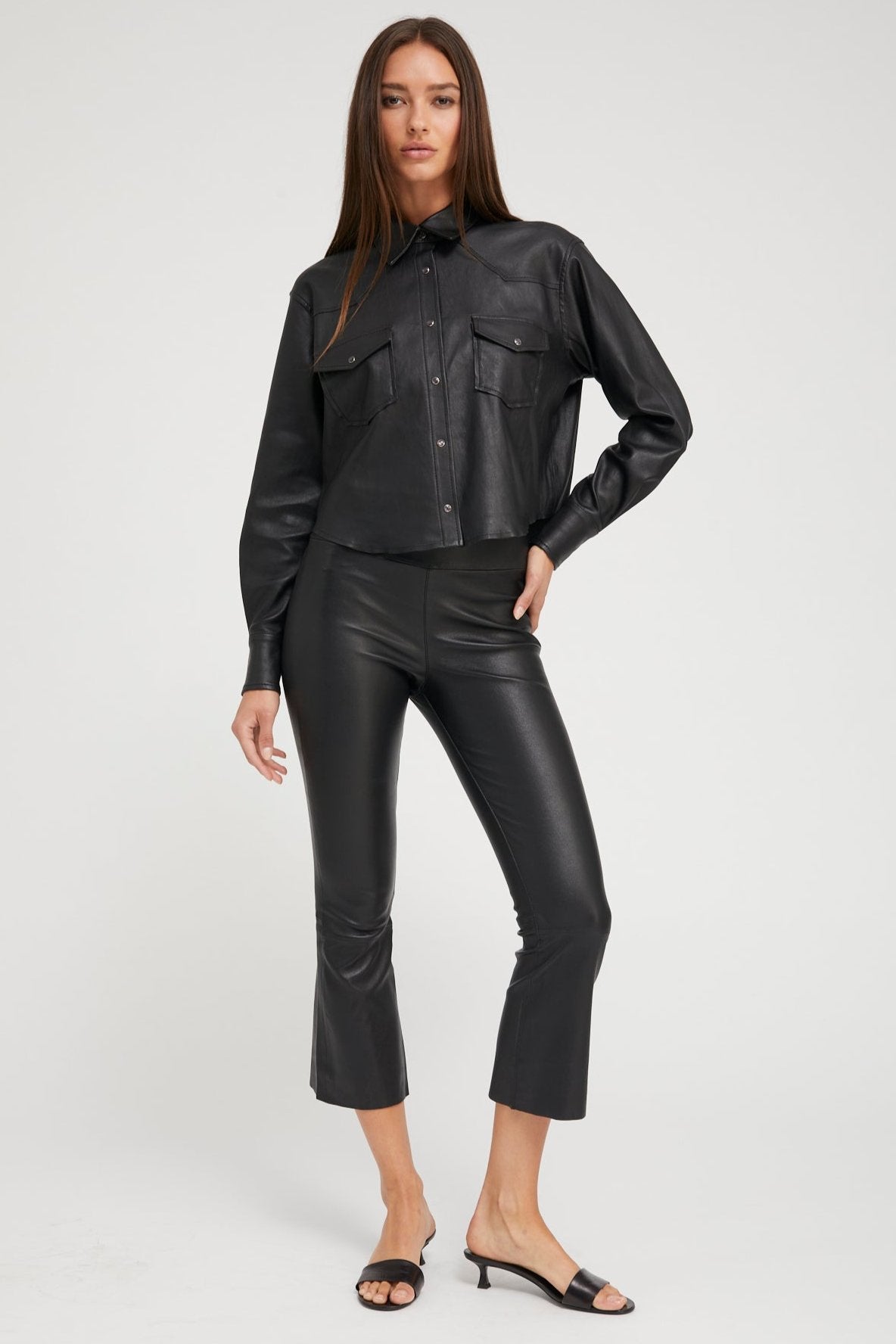 Black Leather Cropped Western Button Down