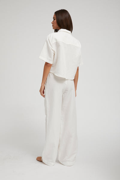 White Linen Cropped Oversized Henley Shirt