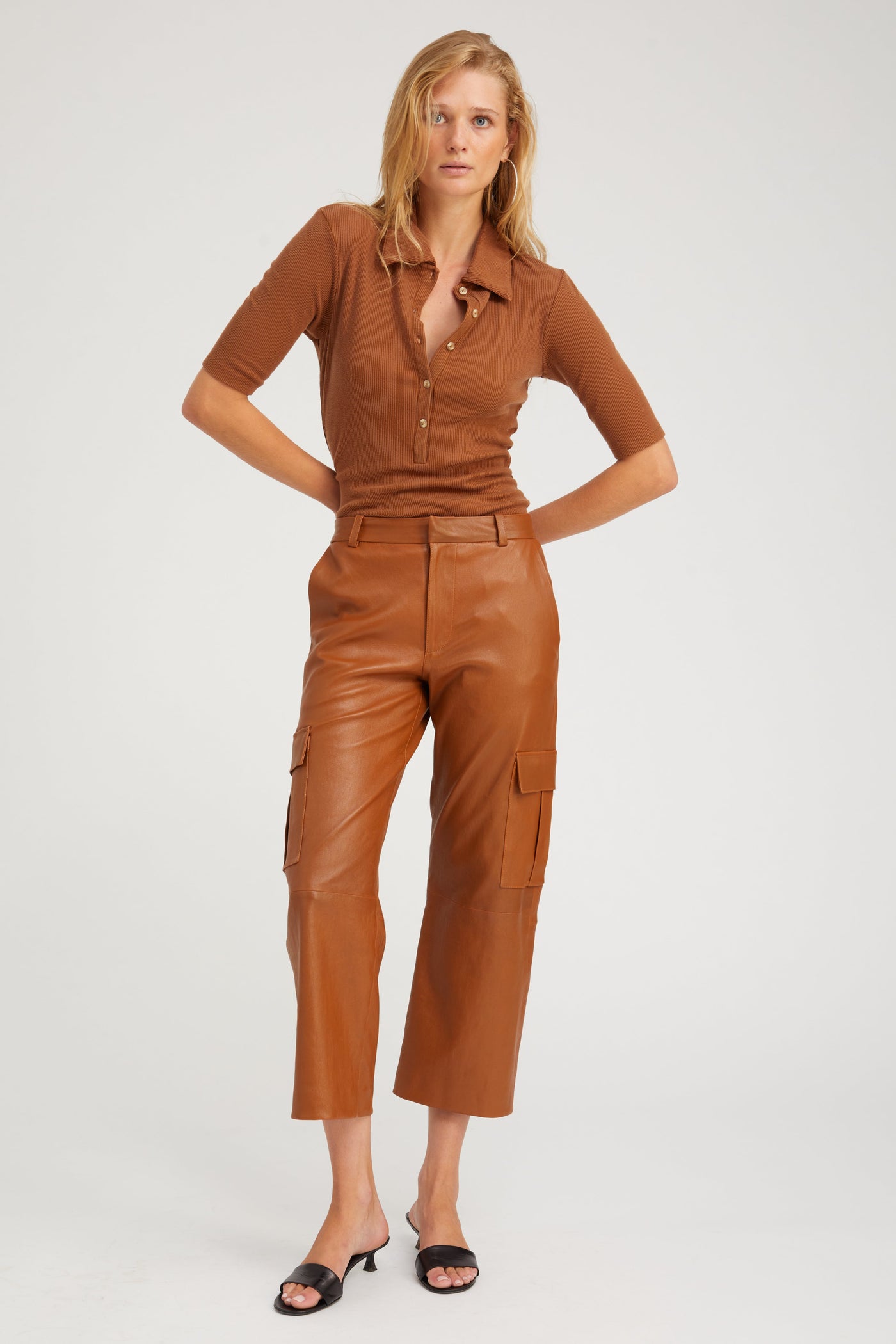 Chestnut Leather Cropped Cargo Trousers