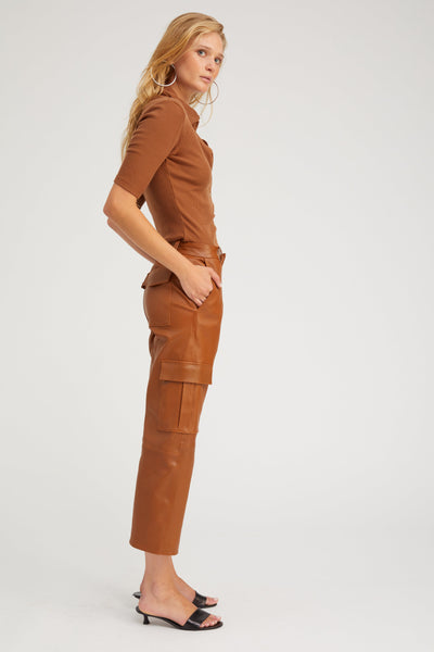 Chestnut Leather Cropped Cargo Trousers