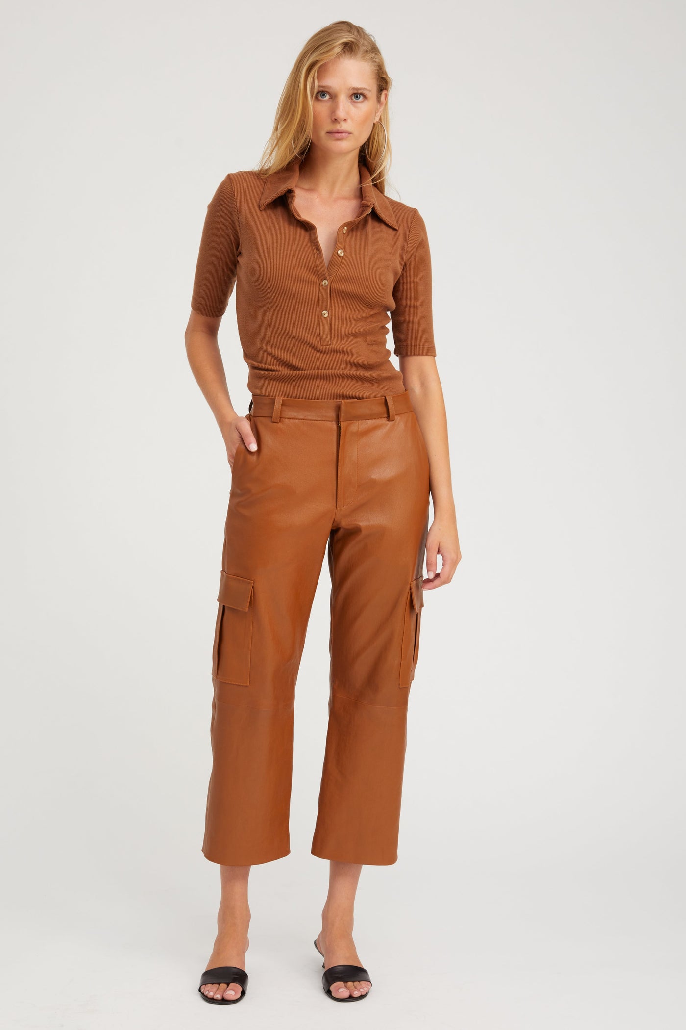 Chestnut Leather Cropped Cargo Trousers