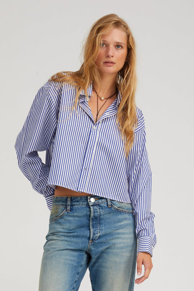 Royal Blue Striped Cropped Button Down