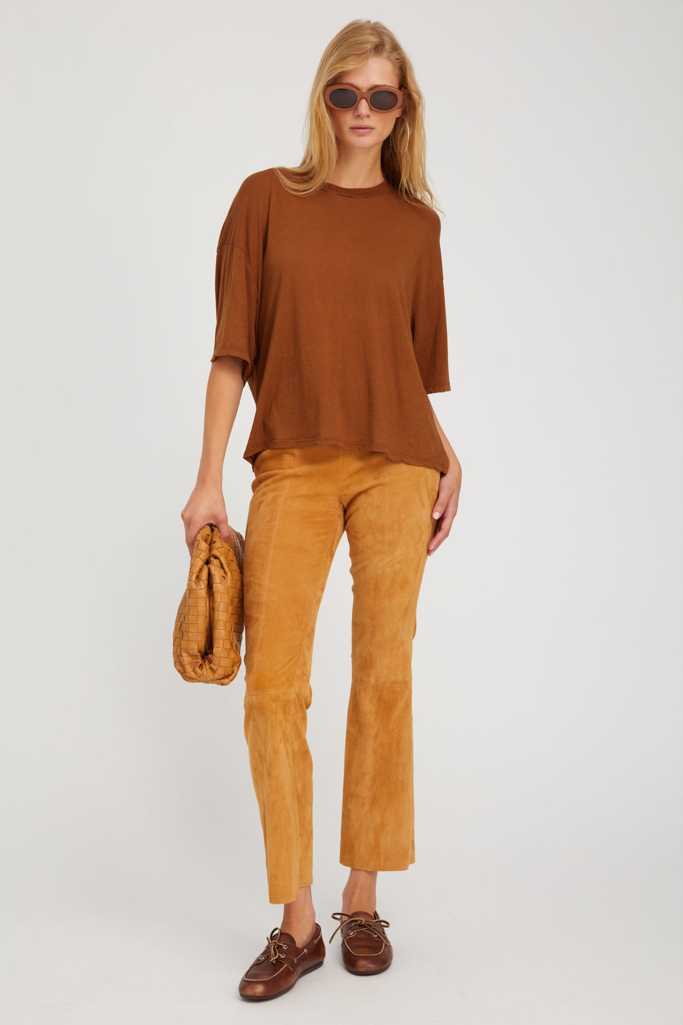 Nutmeg Suede Ankle Flare Pants with Princess Seams