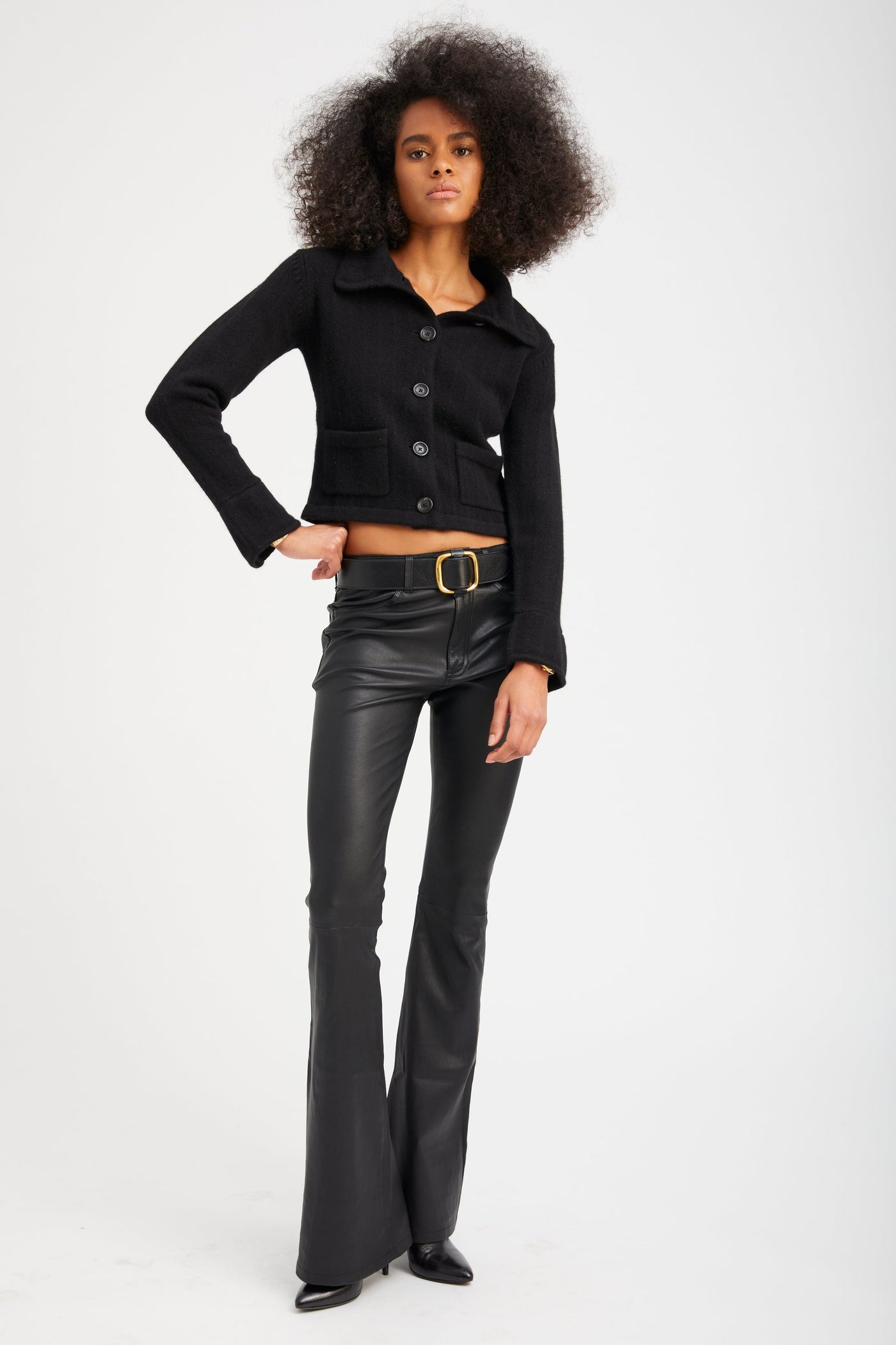 Black Leather 5 Pocket Micro Flare Pants