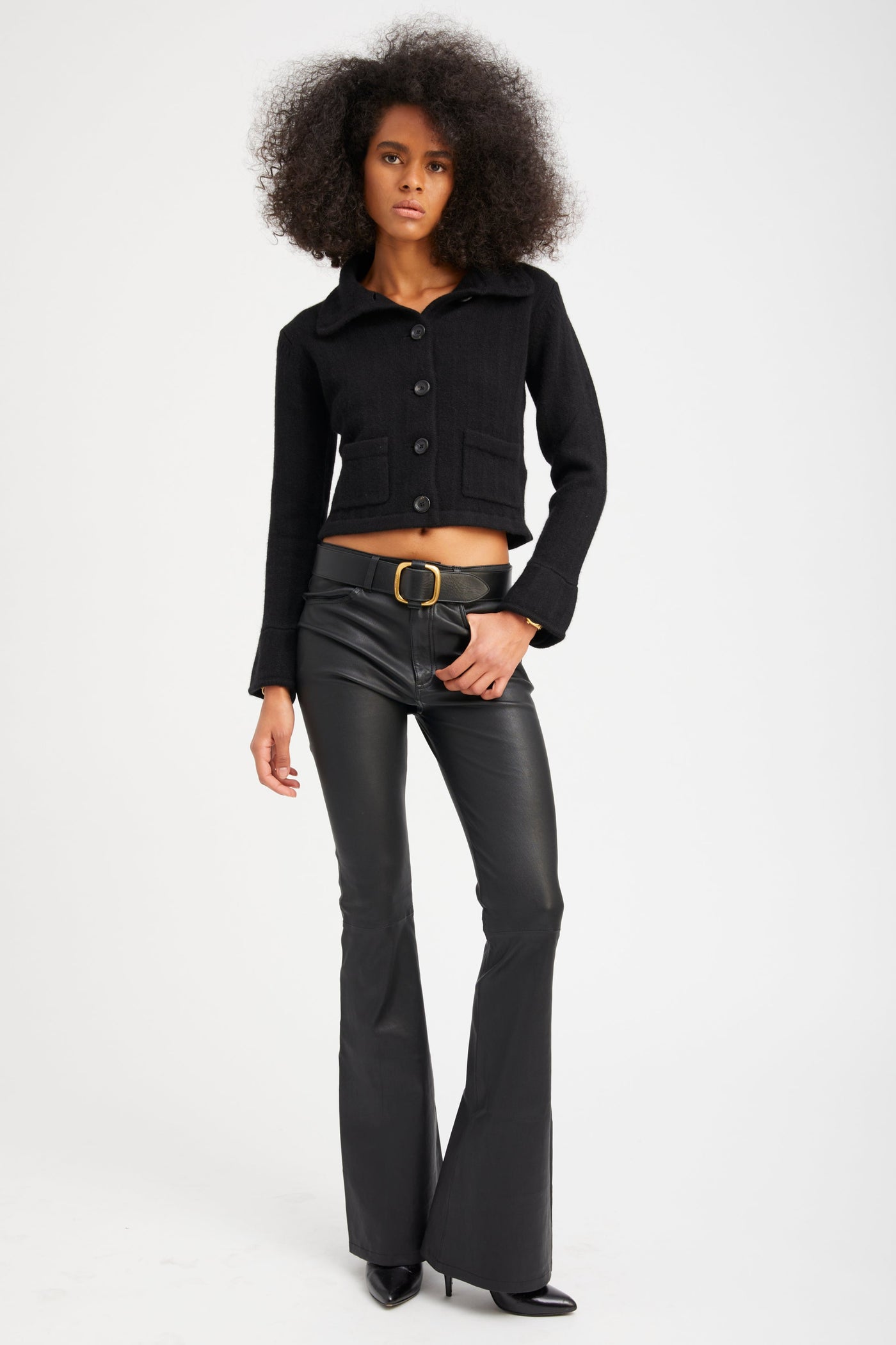 Black Leather 5 Pocket Micro Flare Pants