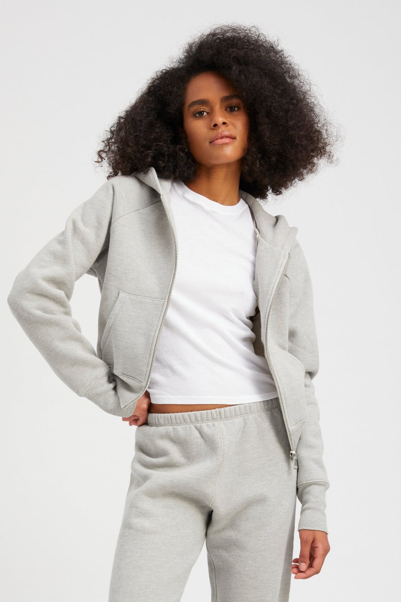 Heather Grey Cotton Shrunken Zip Up Hoodie