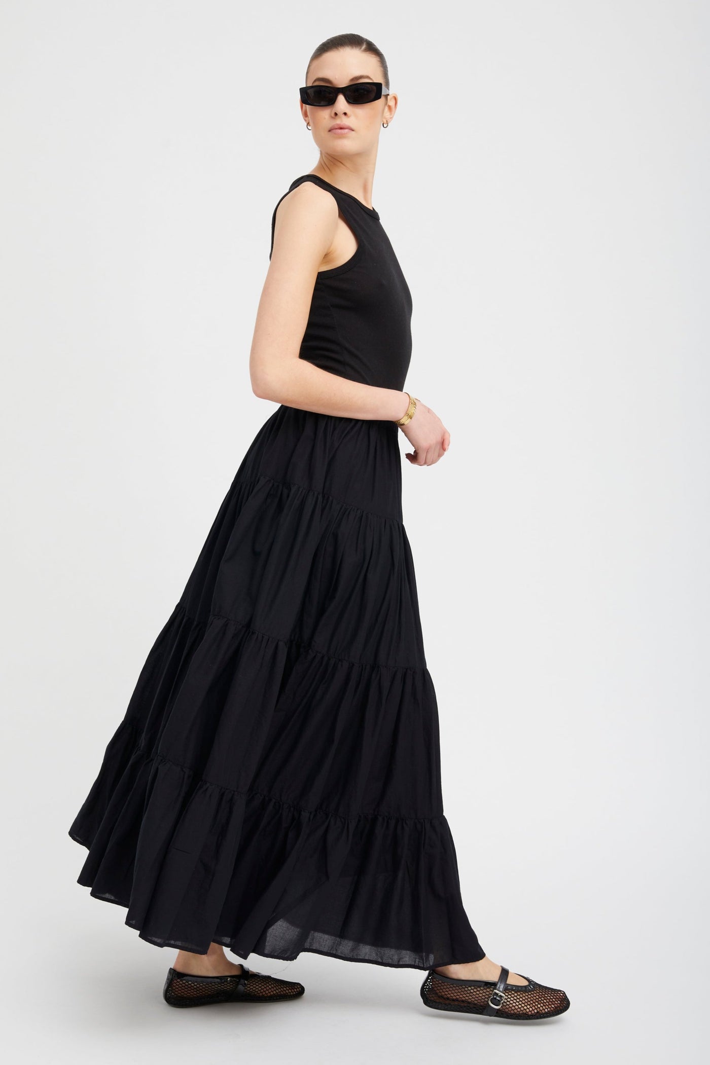 Black Voile Tiered Maxi Skirt