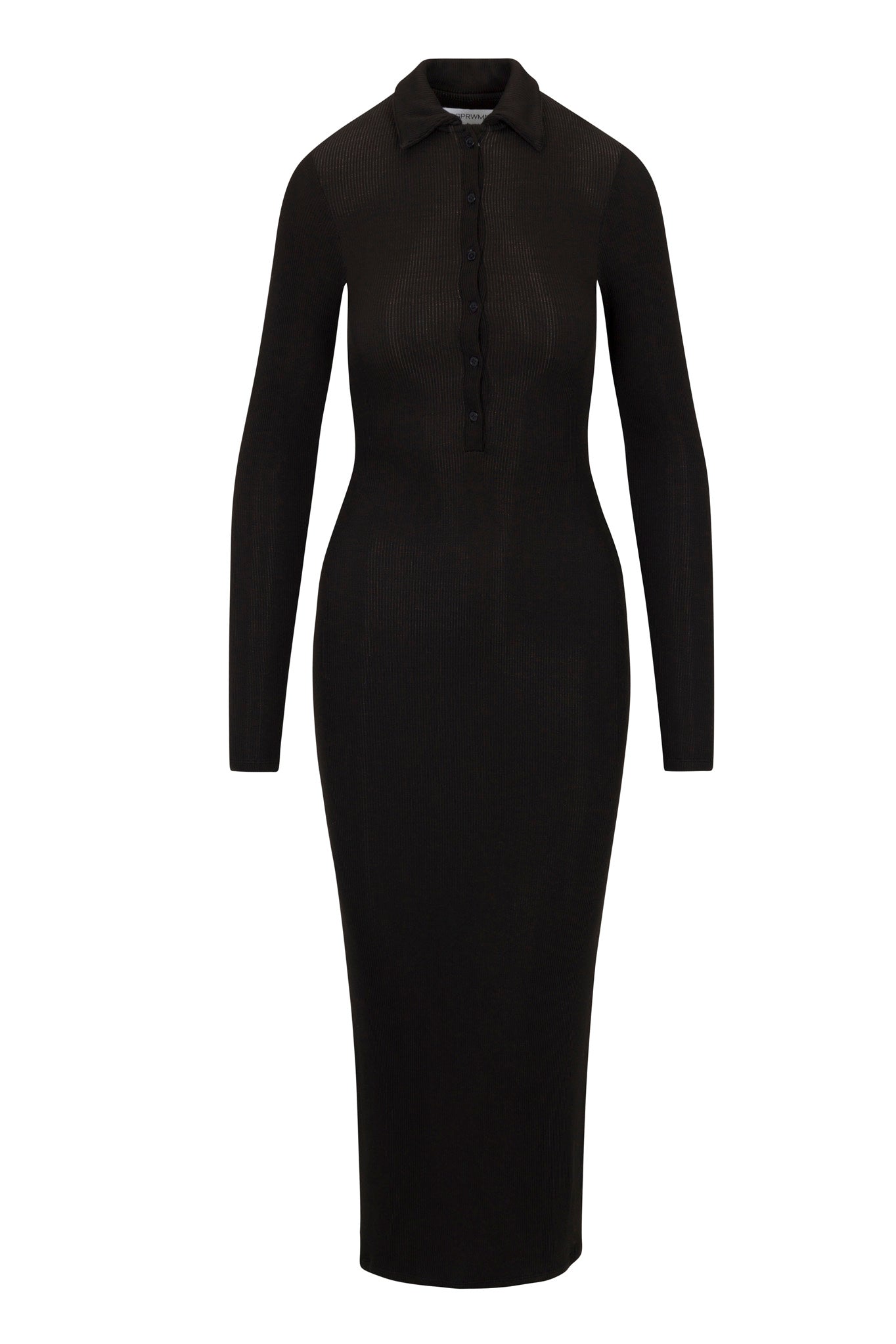 Black Rib Long Sleeve Polo Maxi Dress