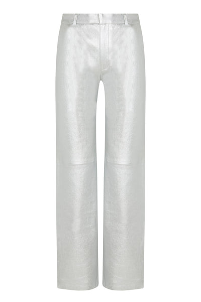 Metallic Silver Leather Classic Trousers