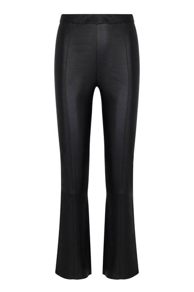 Black Leather Ankle Flare Pants with Princess Seams