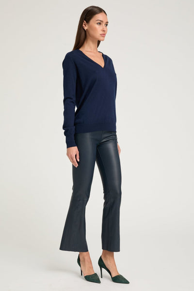 Midnight Leather Ankle Flare Pants with Princess Seams