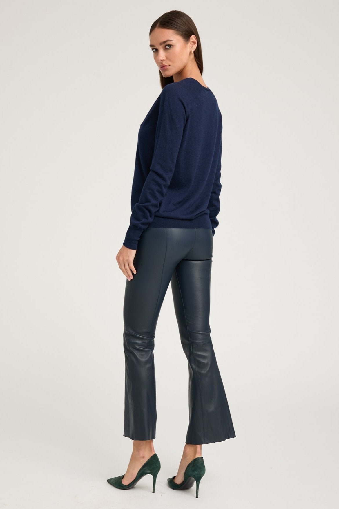 Midnight Leather Ankle Flare Pants with Princess Seams