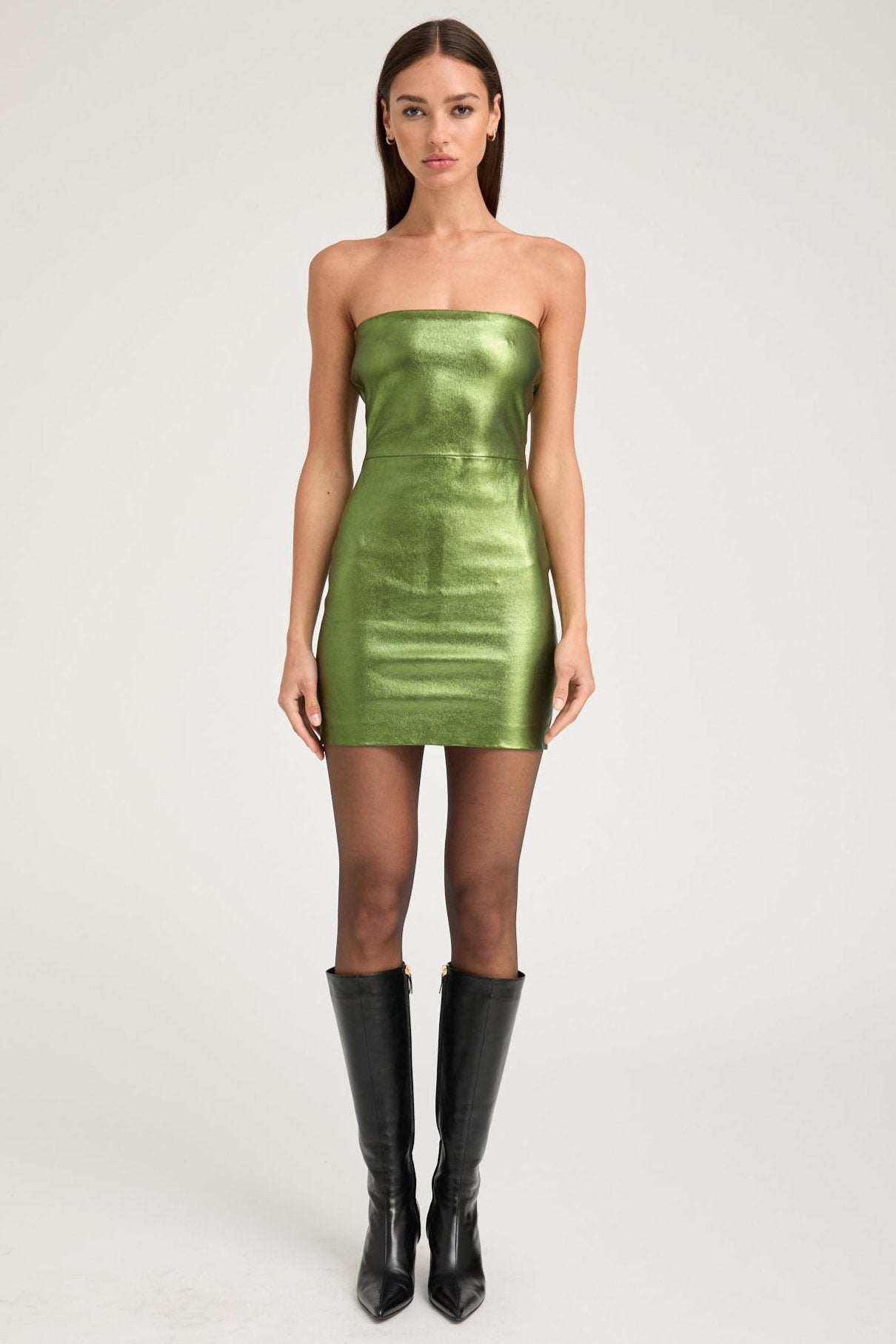 Metallic Green Leather Mini Tube Dress