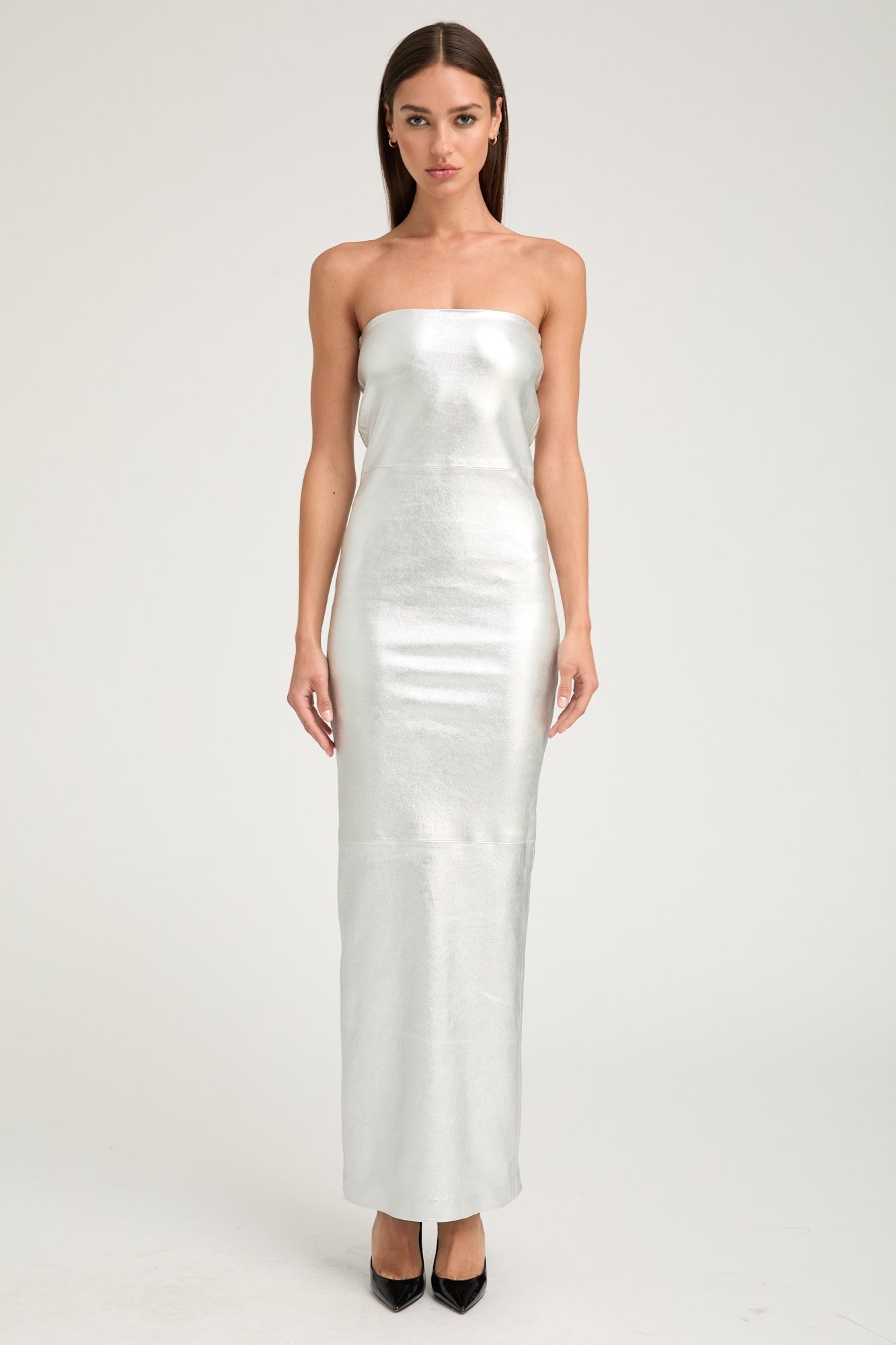 Metallic Silver Leather Gown