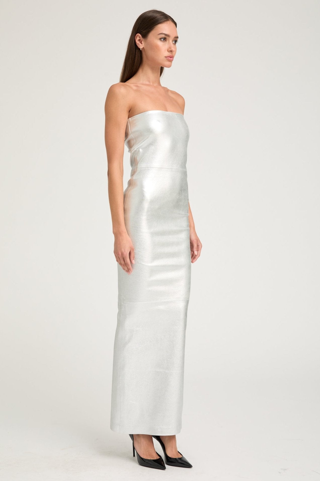 Metallic Silver Leather Gown