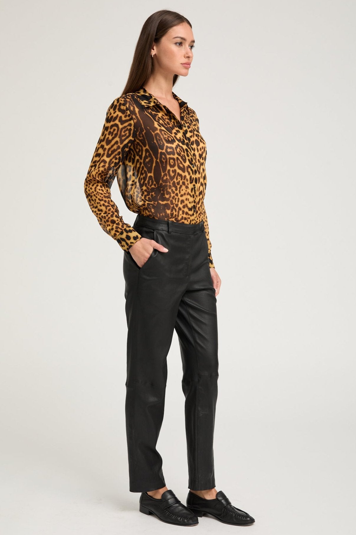 Dark Leopard Silk Fitted Button Down