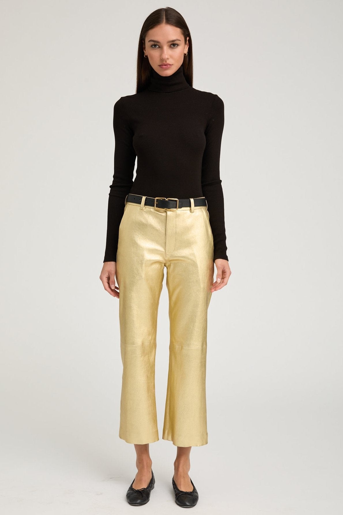 Metallic Gold Leather Cropped Trousers