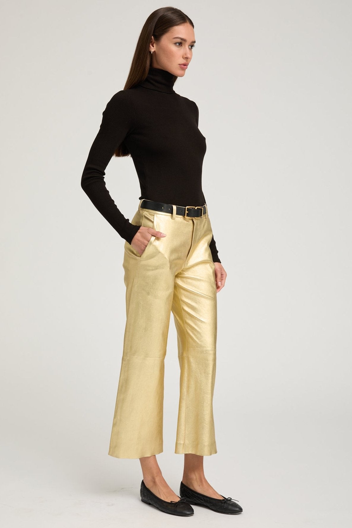 Metallic Gold Leather Cropped Trousers