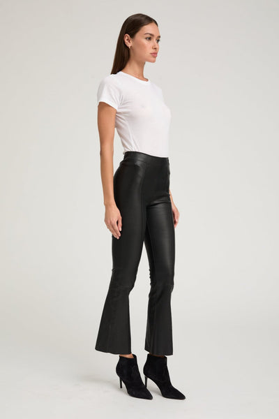 Black Leather Ankle Flare Pants with Princess Seams