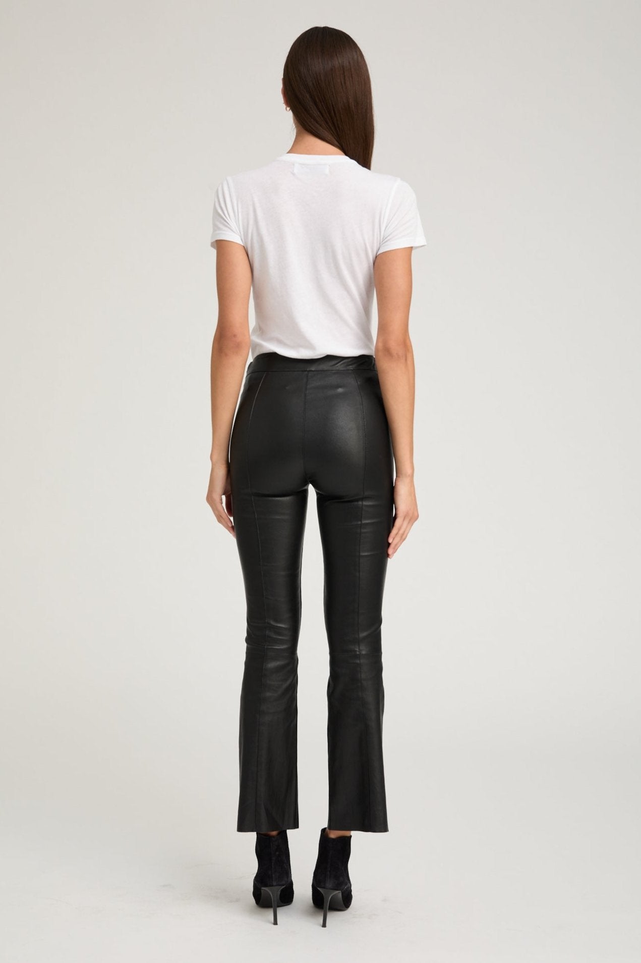 Black Leather Ankle Flare Pants with Princess Seams