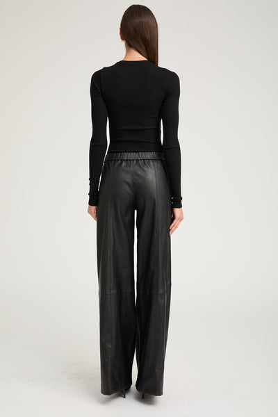 Black Stretch Leather Wide Leg