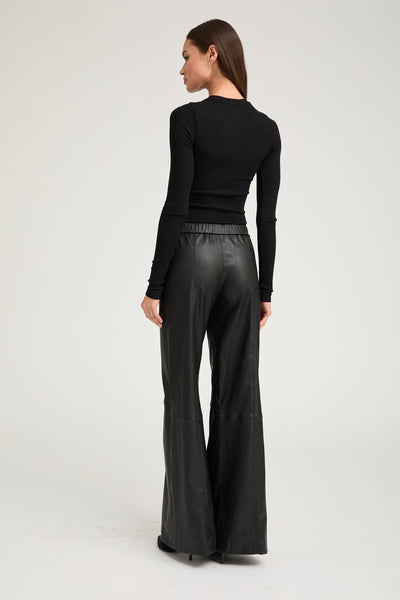 Black Stretch Leather Wide Leg