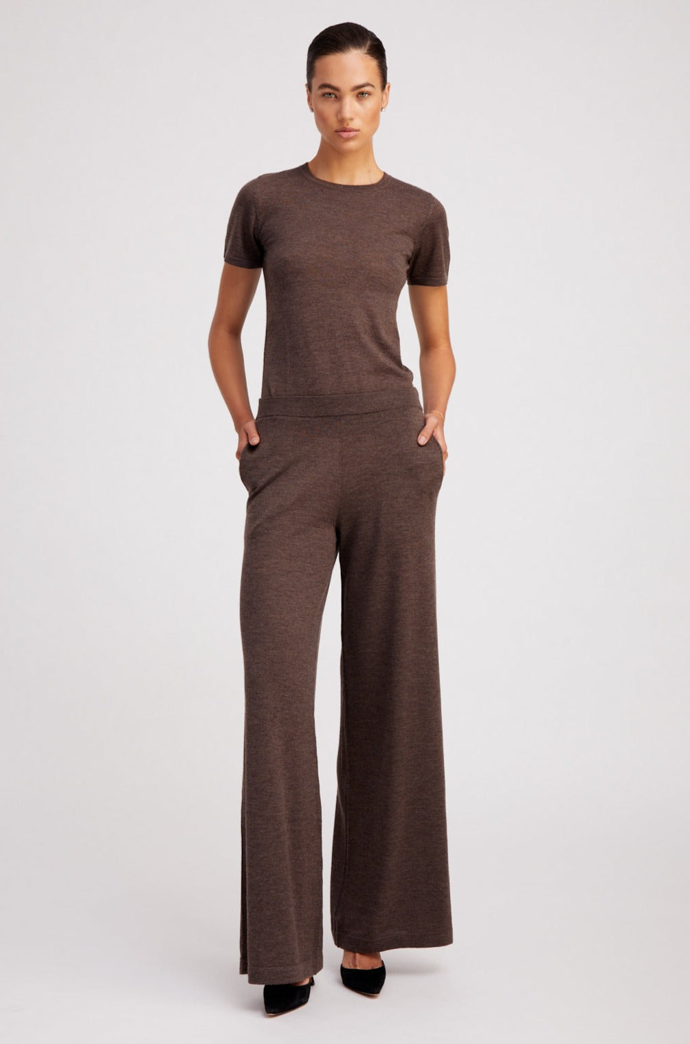 Heather Brown Ultra Fine Cashmere Wide Leg Pants