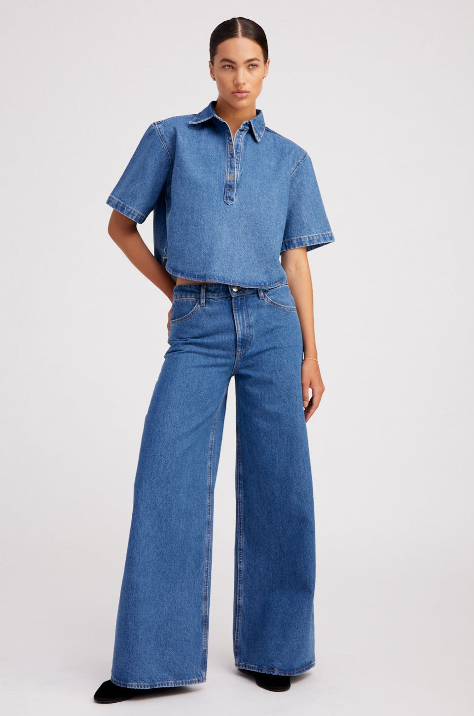 Coco Denim Cropped Oversized Henley Shirt