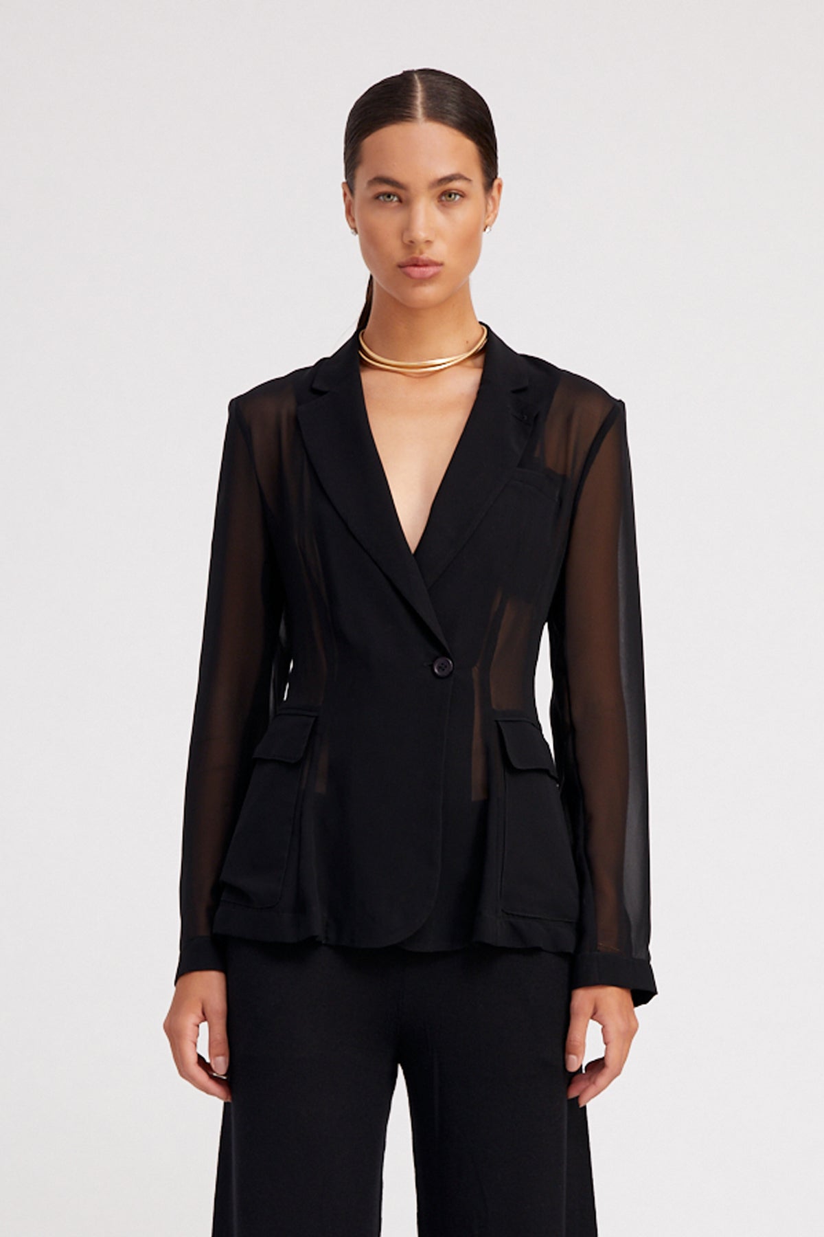 Black Silk Chiffon Fitted Blazer