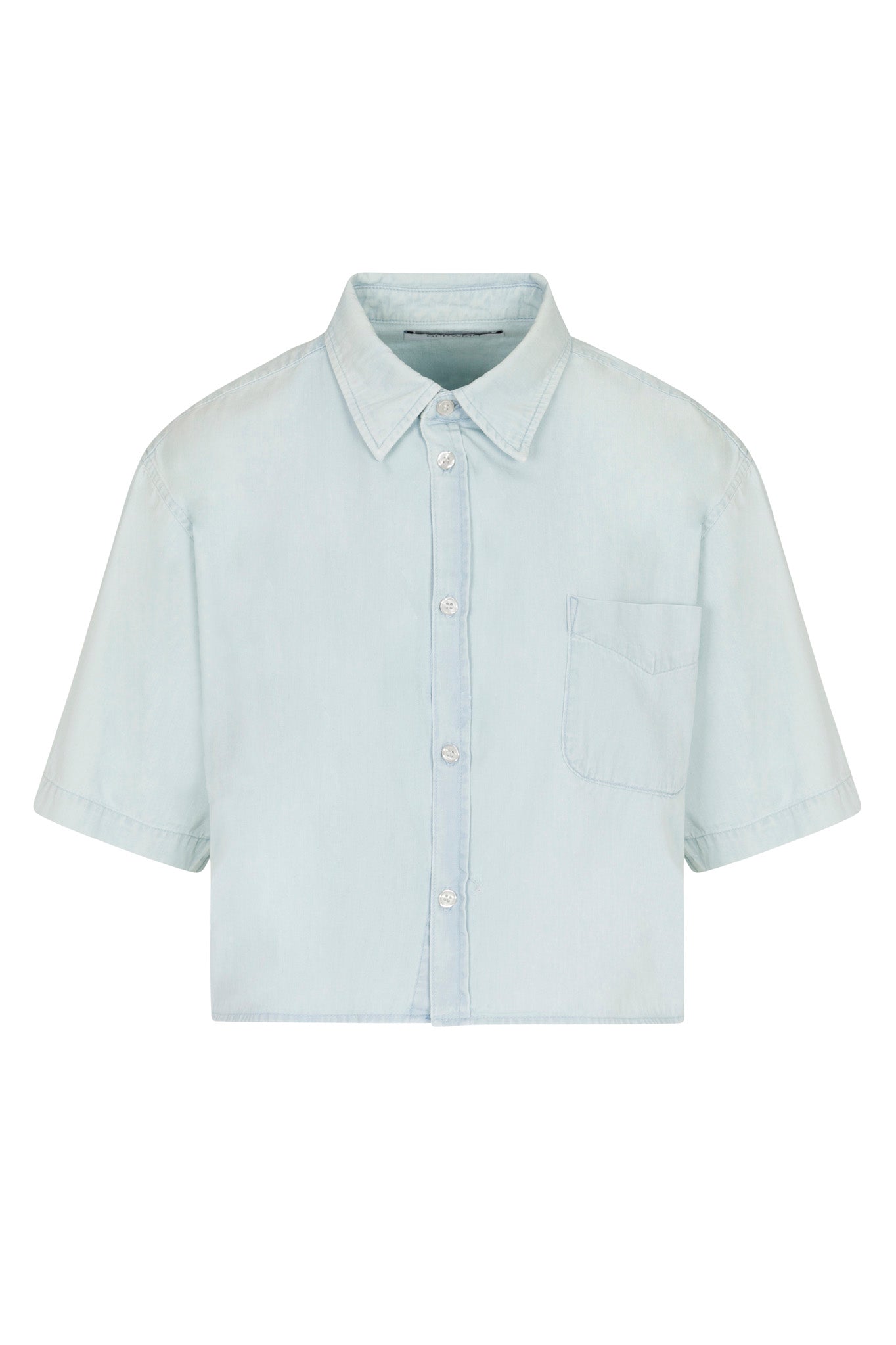 Light Blue Chambray Short Sleeve Cropped Button Down