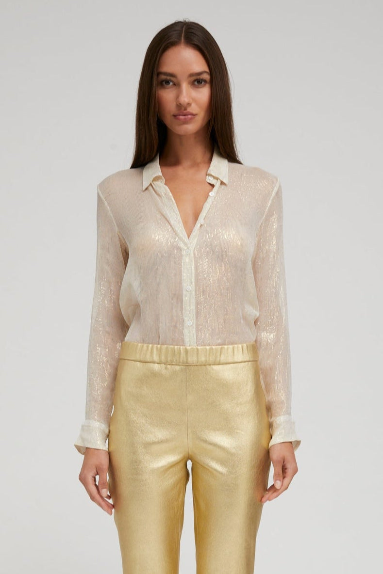 Off White & Gold Silk Fitted Button Down