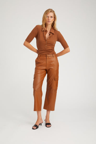 Chestnut Leather Cropped Cargo Trousers