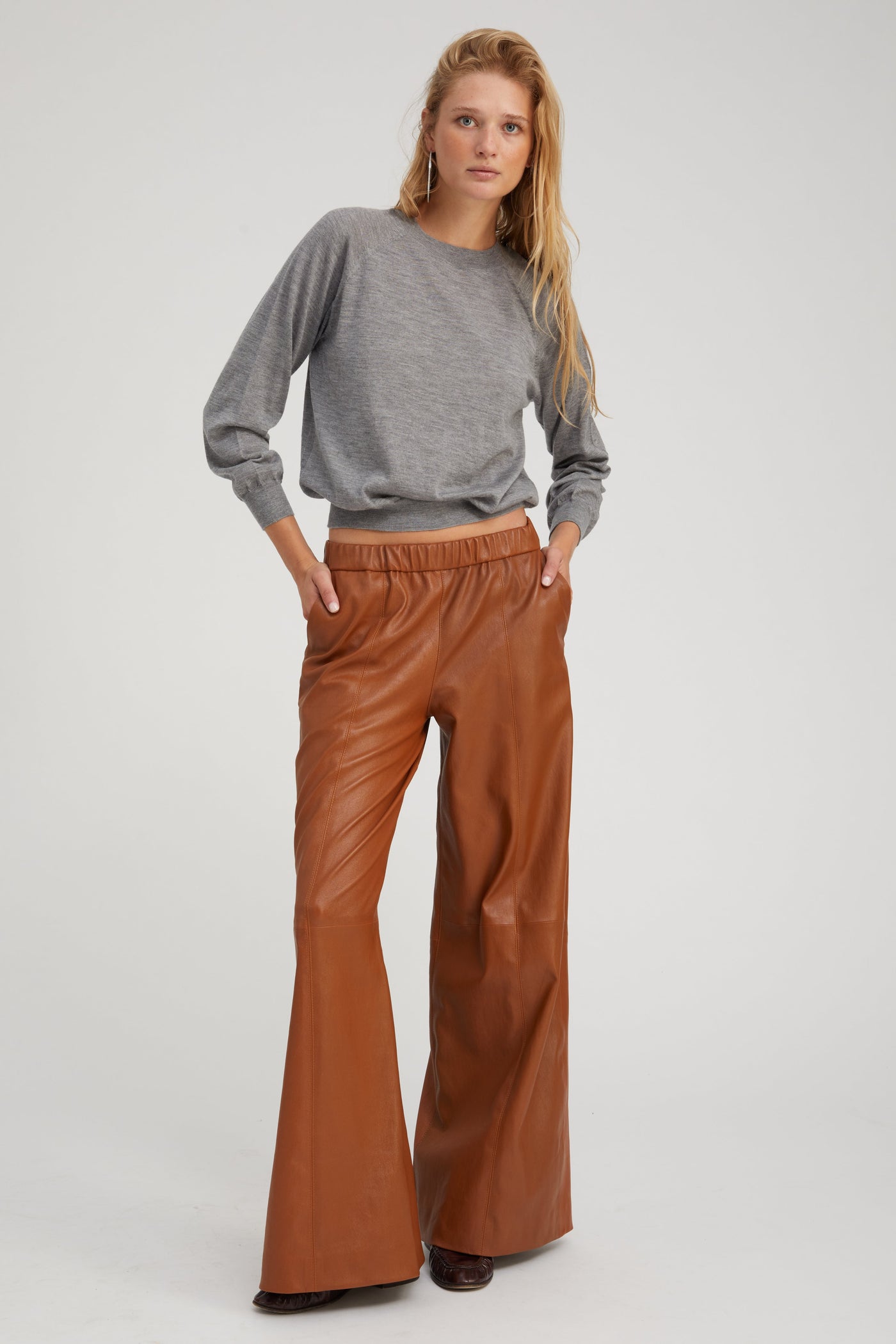 Chestnut Stretch Leather Wide Leg