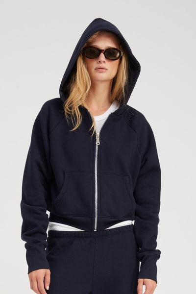 Navy Cotton Shrunken Zip Up Hoodie