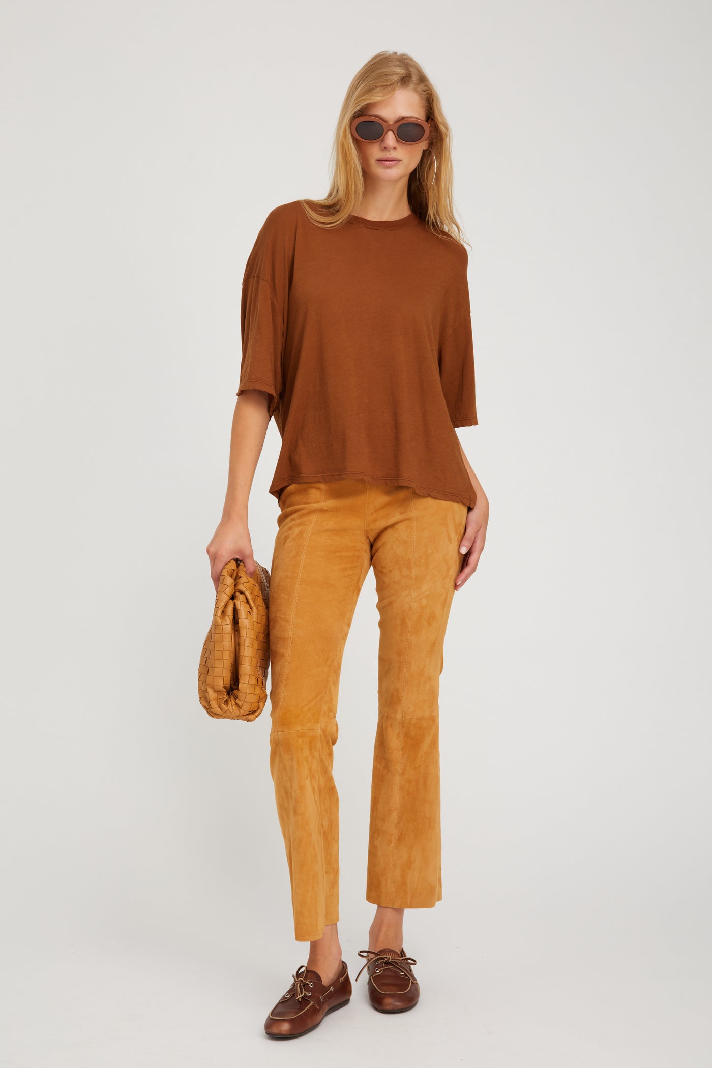 Nutmeg Suede Ankle Flare Pants with Princess Seams