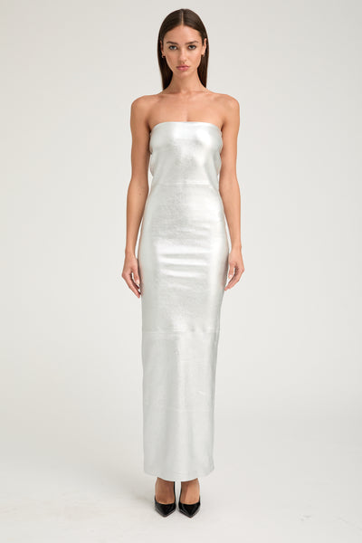 Metallic Silver Leather Gown