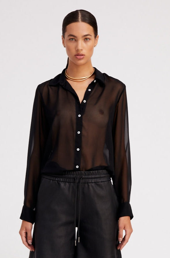 Black Silk Fitted Button Down